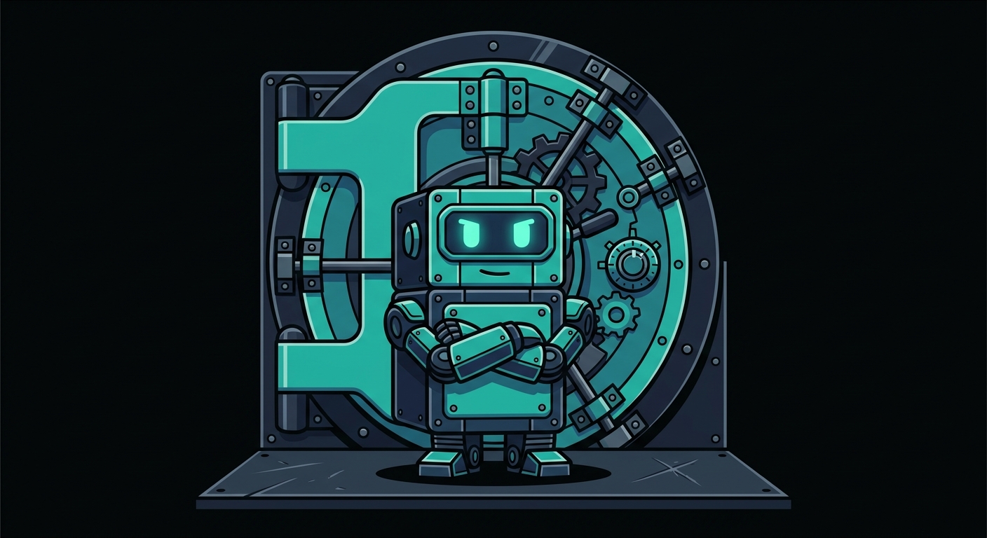 The SealBox guardian — a small robot standing watch in front of a sealed vault door